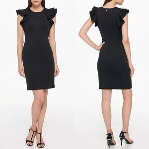 𝅺TOMMY Hilfiger Scuba Flutter Ruffle Cap Sleeve Black Sheath Dress 14 NWT